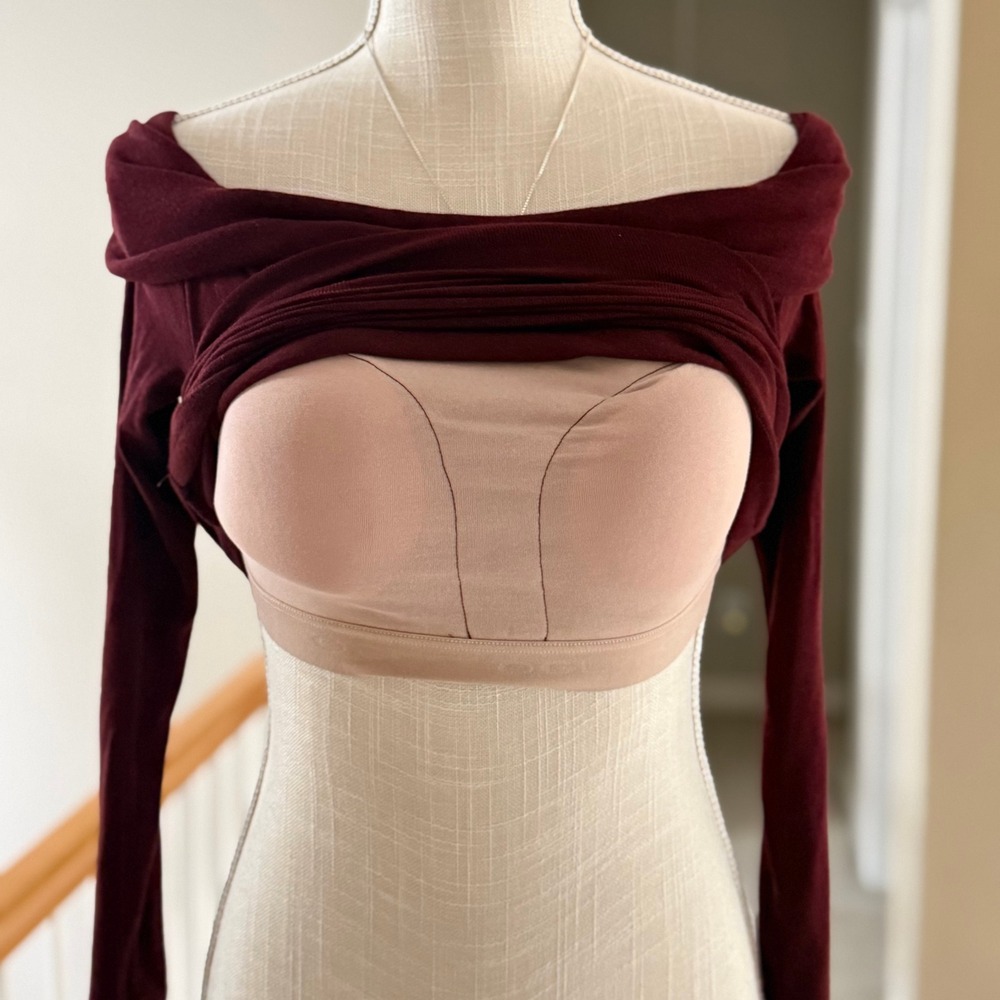 OGL Womens Off Shoulder Long Sleeve Brami Top Built-In Bra Burgundy Wine XS - Picture 7 of 10